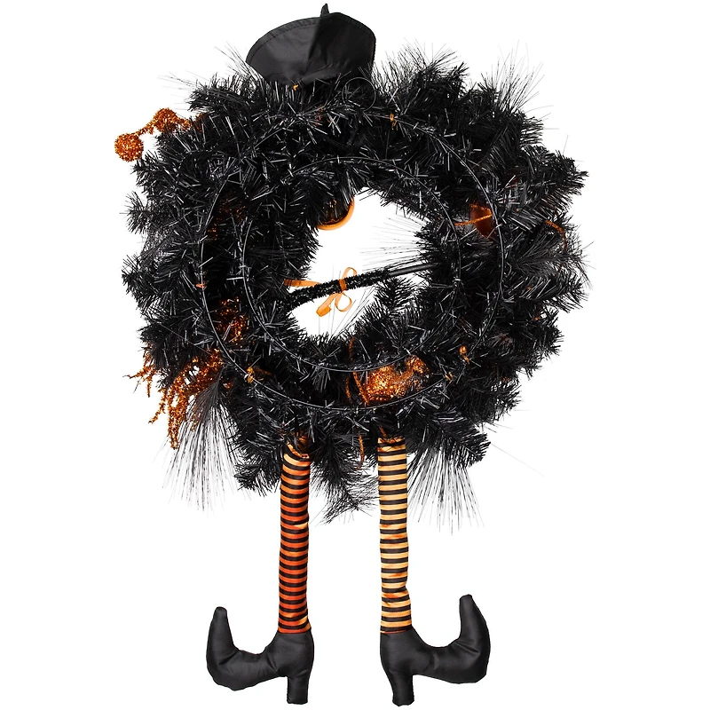 24'' Unlit Orange and Black Witch and Pumpkins Halloween Wreath