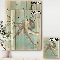 Designart - Coastal Sea Life II octopus sketches - Nautical & Coastal Print on Natural Pine Wood