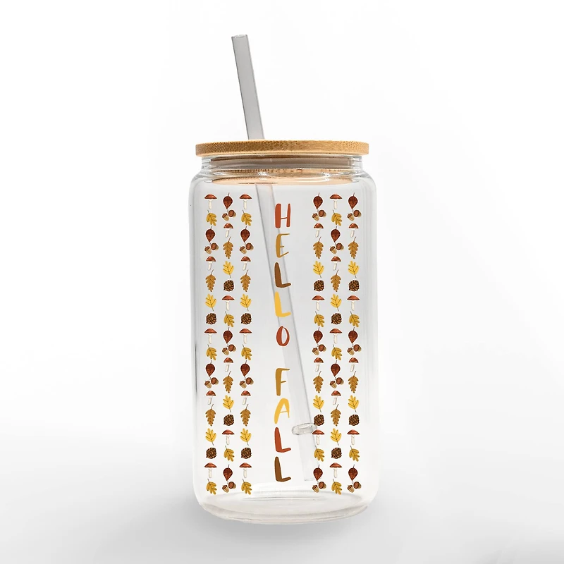 Hello Fall Leaf Border 16oz. Glass Can Cup