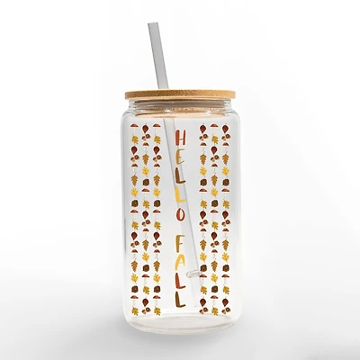 Hello Fall Leaf Border 16oz. Glass Can Cup