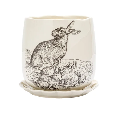 Hello Honey® 6.5" Round Rabbit Stoneware Planter & Scalloped Saucer