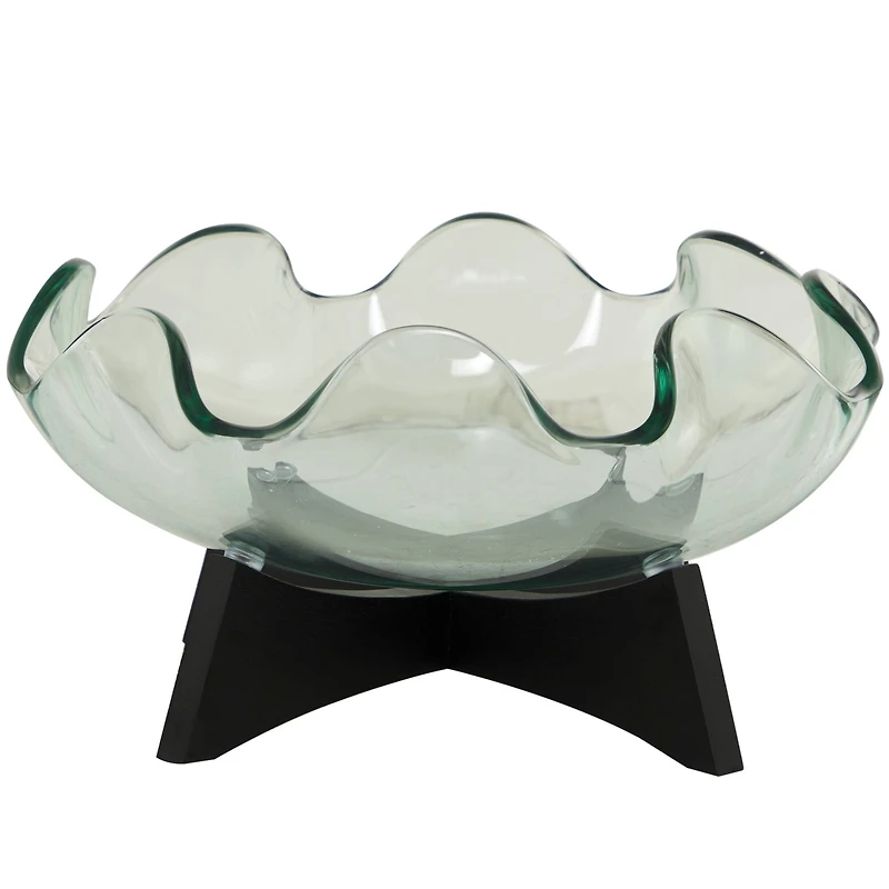 16" Clear Glass Kitchen Serving Bowl with Black Wooden Stand