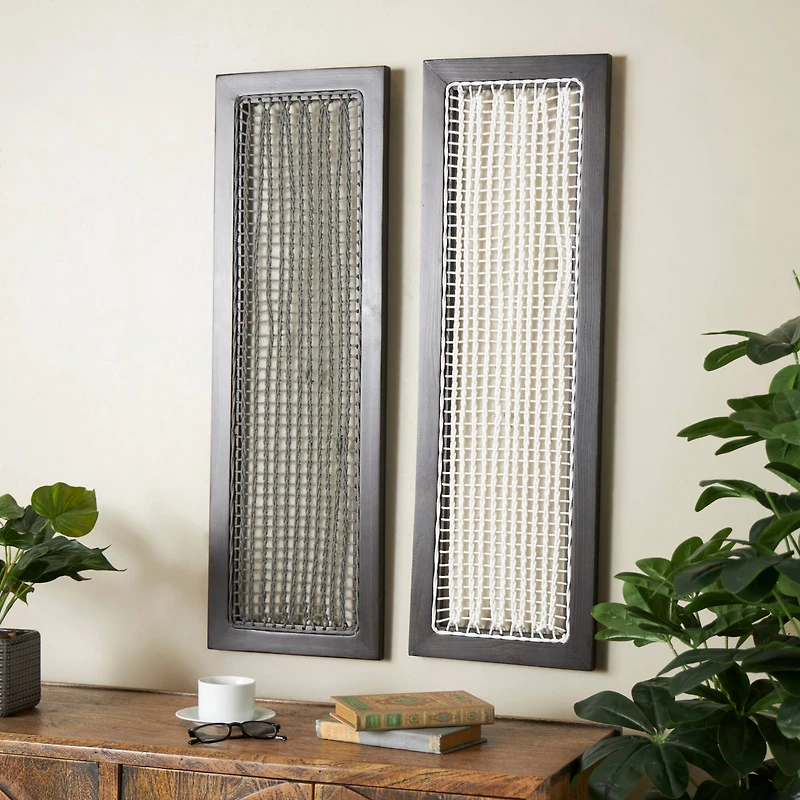 12" x 38" Dark Brown Mango Wood & Macrame Handmade Wall Décor Set