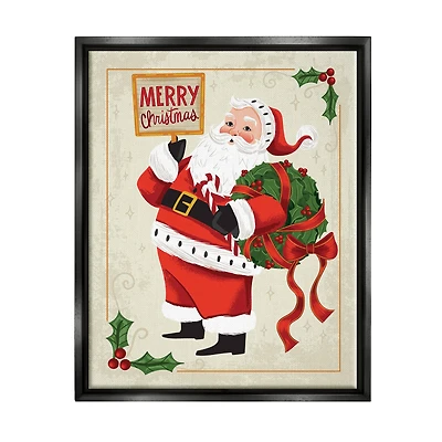 Stupell Industries Vintage Merry Christmas Santa Framed Floater Canvas Wall Art