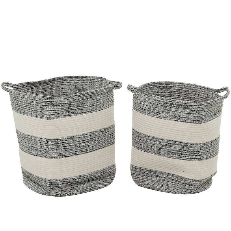 Gray Cotton Handmade Striped Storage Basket with Handles Set of 2 19", 19"