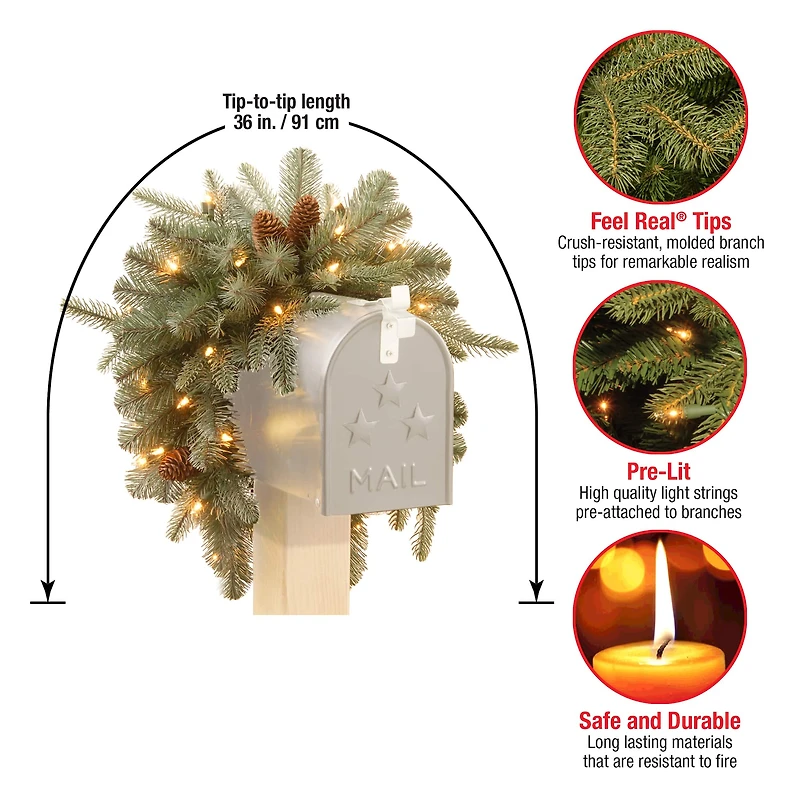 3ft. Feel Real® Frosted Arctic Spruce with Pinecone Mailbox Swag, Warm White LED Lights