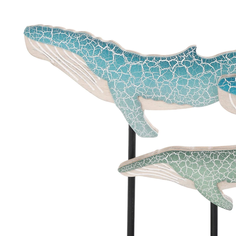 20" Blue Wooden Whale Textured Sculpture with Black Metal Stand