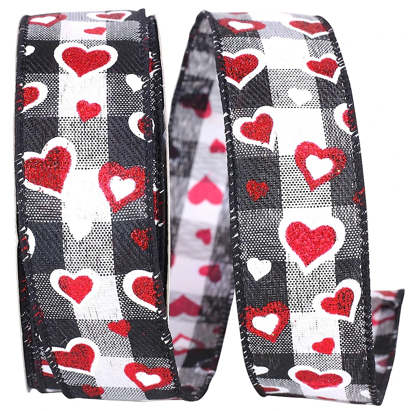 Reliant Glitter Wired Hearts Checkered Ribbon