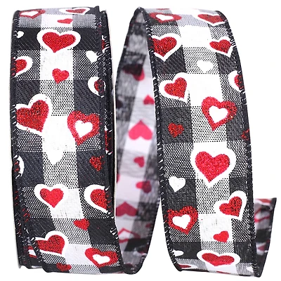 Reliant Glitter Wired Hearts Checkered Ribbon