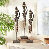 Set of 3 Black Wood Bohemian Sculptures, 23" x 4" x 4"