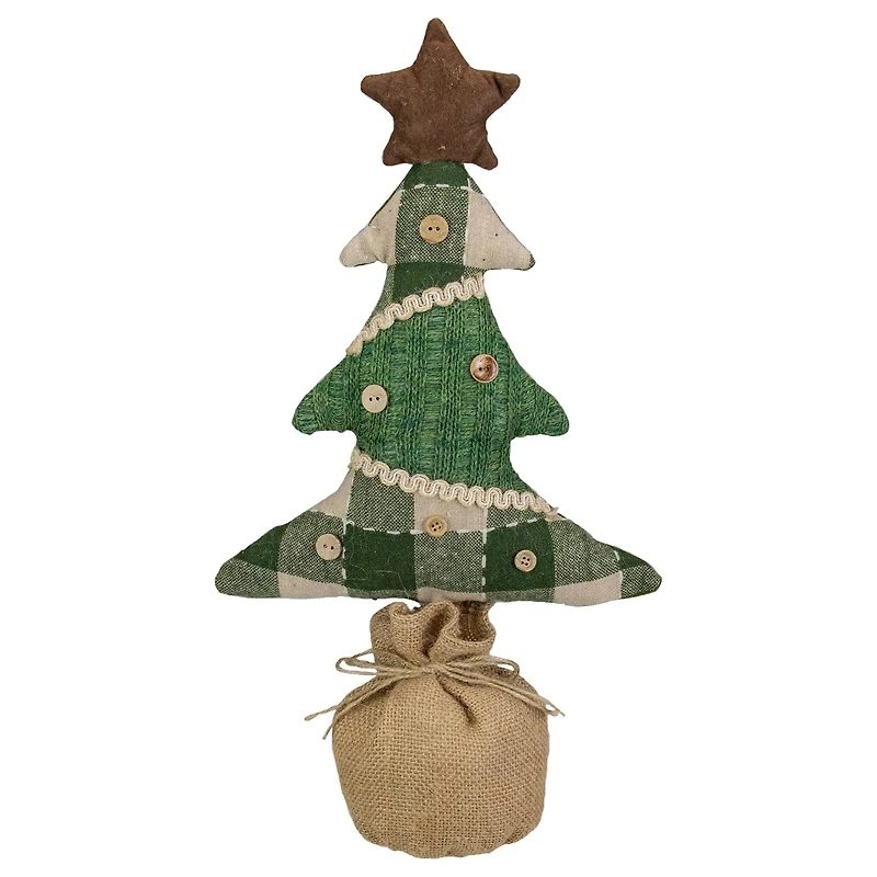 17.5" Tan & Green Rustic Multi-Fabric Standing Christmas Tree Tabletop Décor