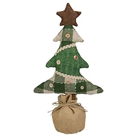 17.5" Tan & Green Rustic Multi-Fabric Standing Christmas Tree Tabletop Décor