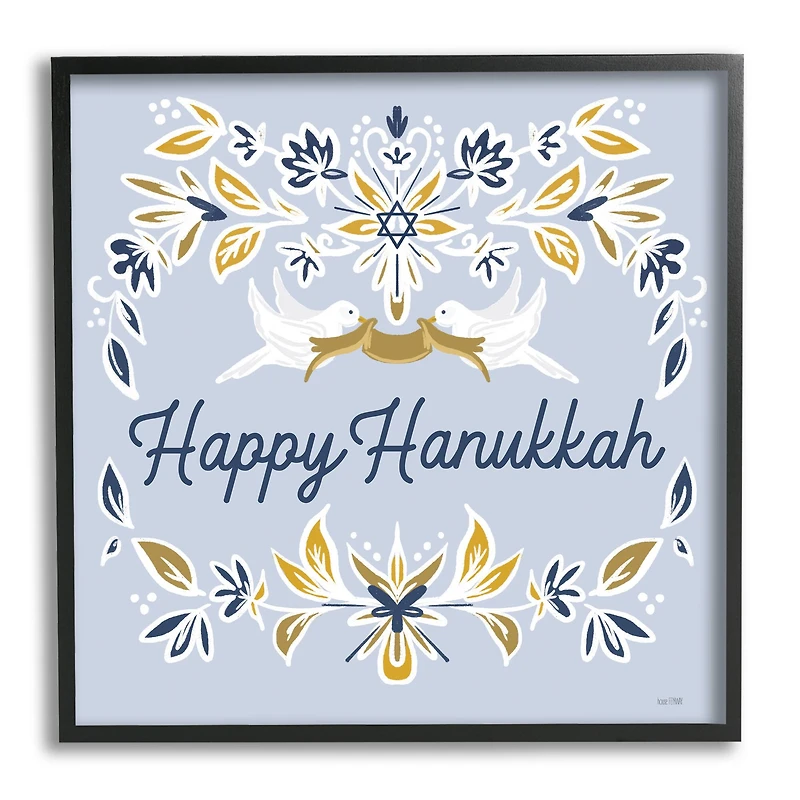 Stupell Industries Happy Hanukkah Floral Doves Banner Framed Giclee Art
