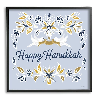 Stupell Industries Happy Hanukkah Floral Doves Banner Framed Giclee Art