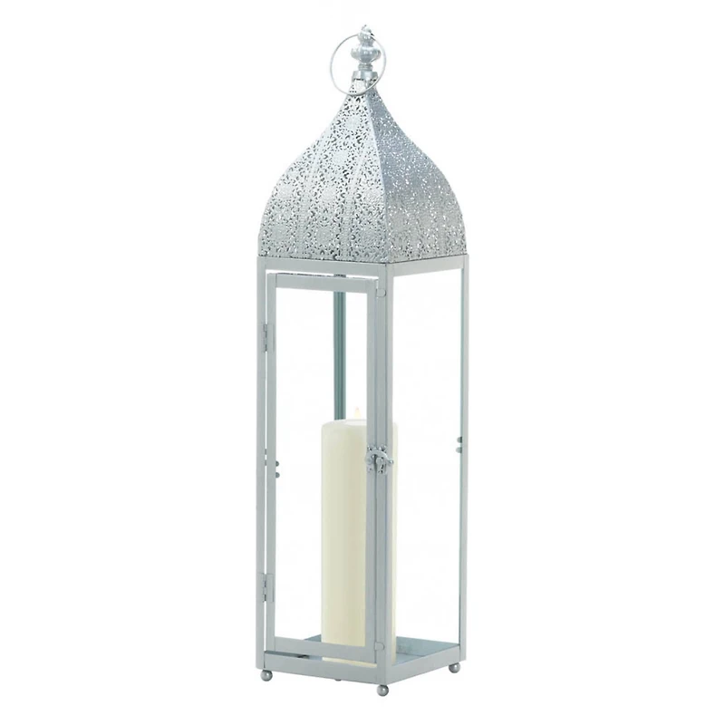24" Large Silver Metal Rectangular Moroccan Style Candle Lantern