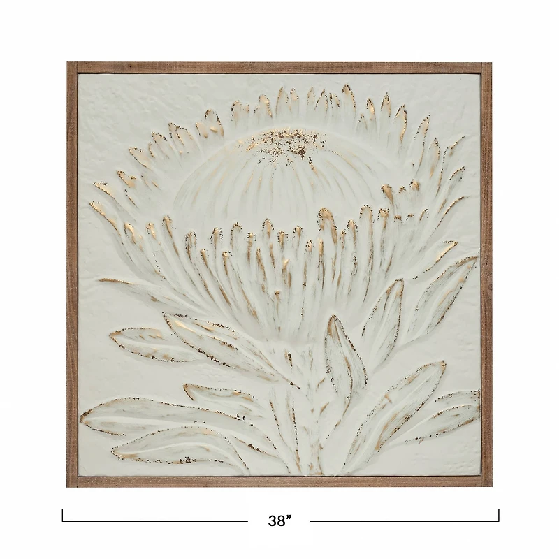 Hello Honey® 38" Antique White and Gold Wood Framed Metal Wall Décor with Embossed Protea
