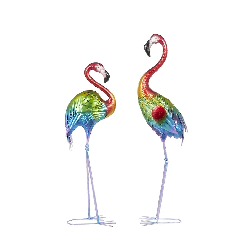 Tall Rainbow Textured Metal Flamingo Garden Sculpture Set