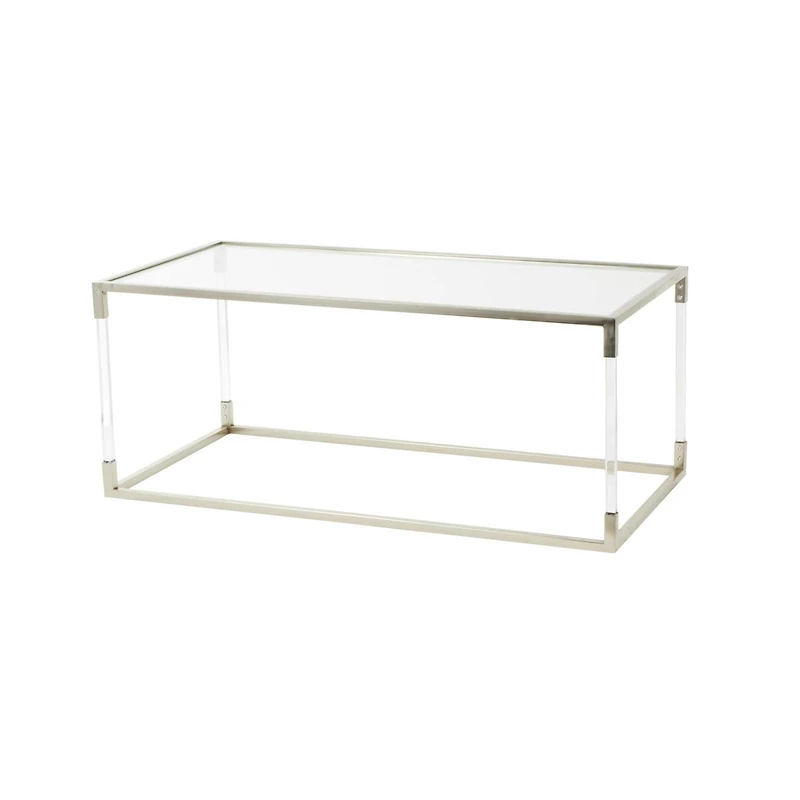 46" Silver Metal Minimalistic Open Framed Living Room Coffee Table with Clear Glass Top & Acrylic Legs