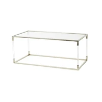 46" Silver Metal Minimalistic Open Framed Living Room Coffee Table with Clear Glass Top & Acrylic Legs