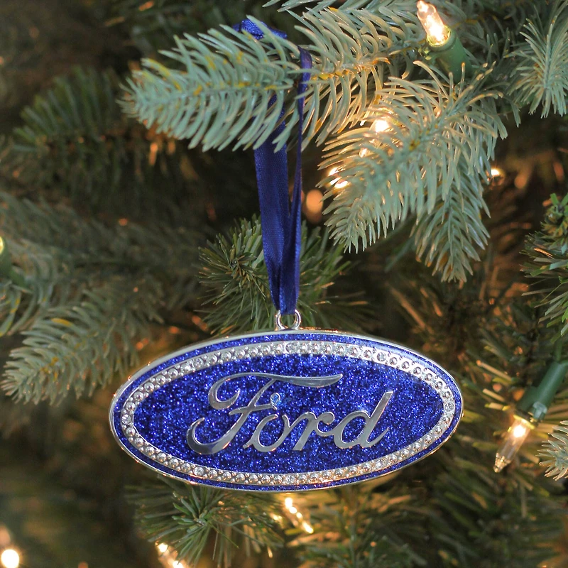 4" Metallic Glitter Blue "Ford" Logo Silver Plated Christmas Tree Ornament