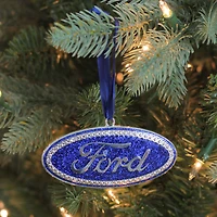 4" Metallic Glitter Blue "Ford" Logo Silver Plated Christmas Tree Ornament