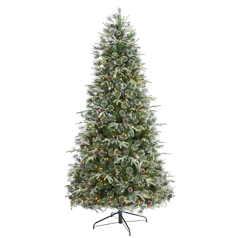 7.5ft. Pre-Lit Snowed Tipped Clermont Mixed Pine & Pinecones Artificial Christmas Tree with Clear LED Lights