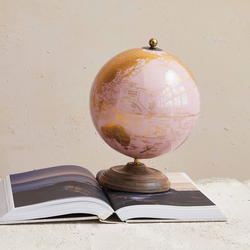 Hello Honey® 10.75" Pink & Gold Metal & Plastic Globe on Natural Mango Wood Stand