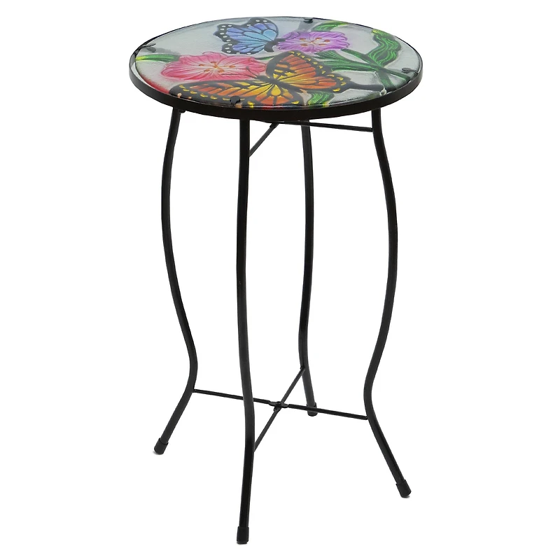 19" Floral & Butterfly Glass Patio Side Table