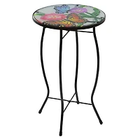 19" Floral & Butterfly Glass Patio Side Table