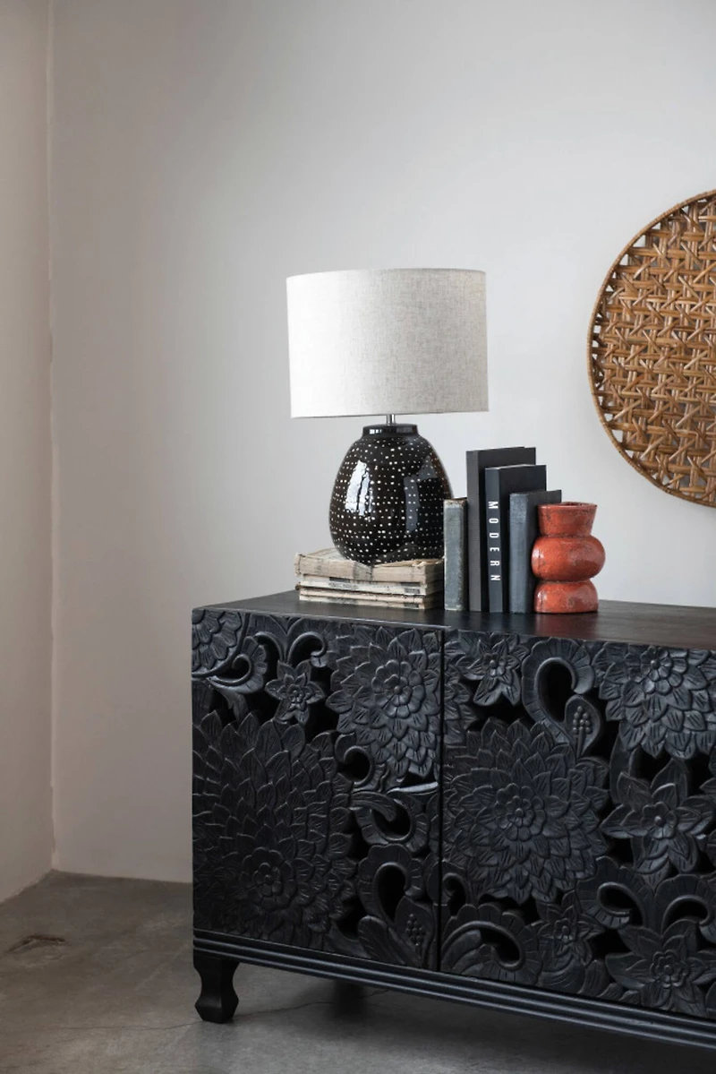 Hello Honey® 22" Black and White Dotted Stoneware Table Lamp with Linen Shade