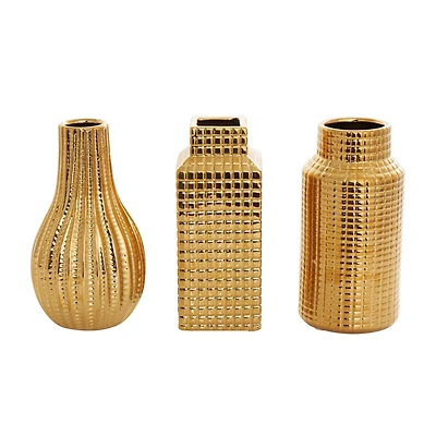 8" Gold Ceramic Geometric Dimensional Textured Vase Set with Grid Patterns