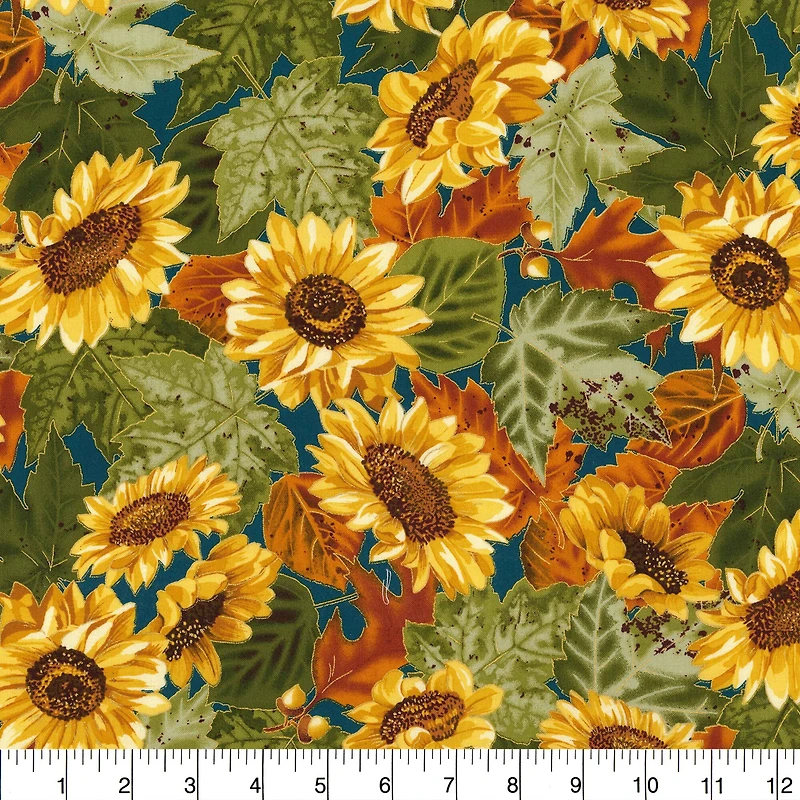 Fabric Traditions Fall Sunflowers with Green Leaves Cotton Fabric
