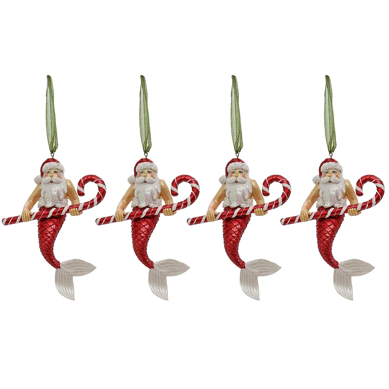 4 Pack 5" Santa Merman Glass Ornaments