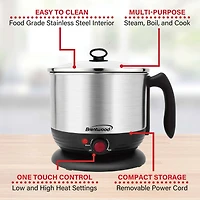 Brentwood Black 1.3qt. 600 Watt Stainless Steel Cordless Electric Hot Pot Cooker & Food Steamer With Swivel Base
