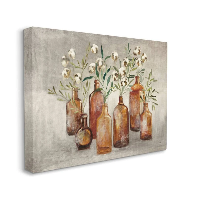 Stupell Industries Country Cotton Flower Stems in Glasses Brown Tan Painting Canvas Wall Art