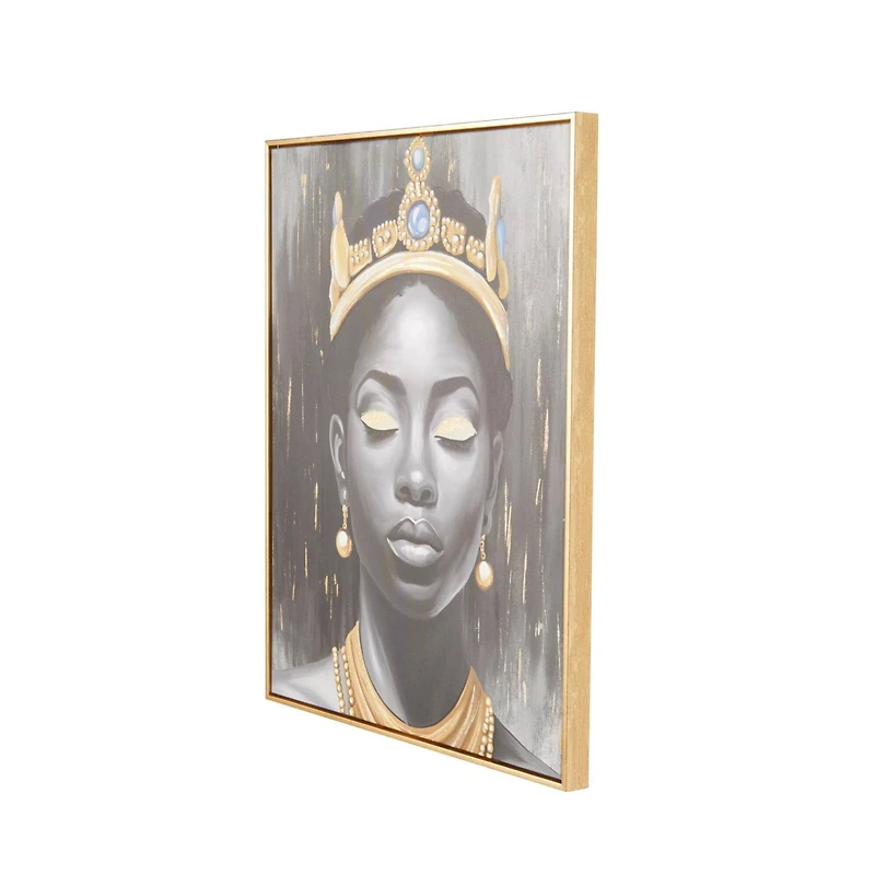 24" x 2" x 24" Black Canvas Woman Shaded Living Room Framed Wall Art with Blue Crown and Gold Foil Accents