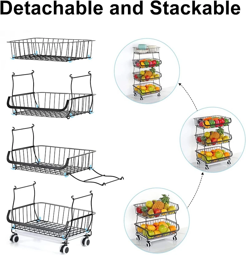 Black 4-Tier Fruit Storage Basket Rolling Cart