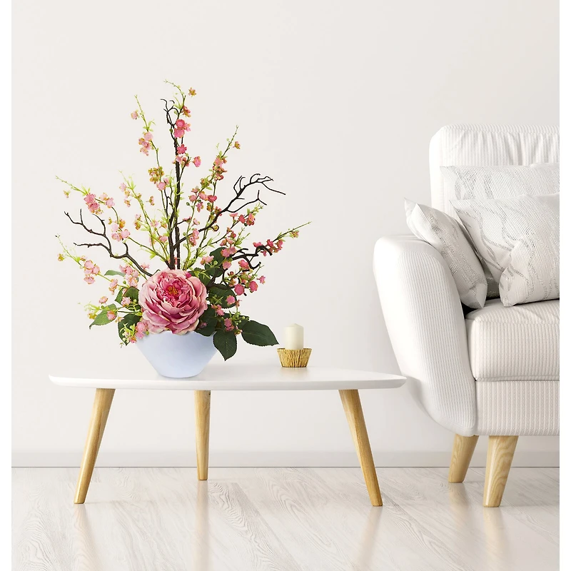 23" Rose & Cherry Blossom Arrangement in White Planter