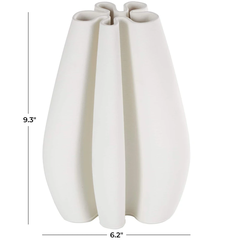 White Ceramic Abstract Ribbed Dimensional Concaved Vase with Floral Shaped Rim
