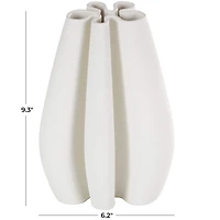 White Ceramic Abstract Ribbed Dimensional Concaved Vase with Floral Shaped Rim