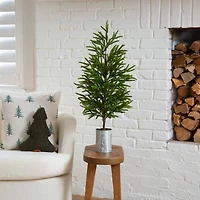 32in. Artificial Real Touch Norfolk Island Pine in Christmas Tin Metal Planter with Natural Look