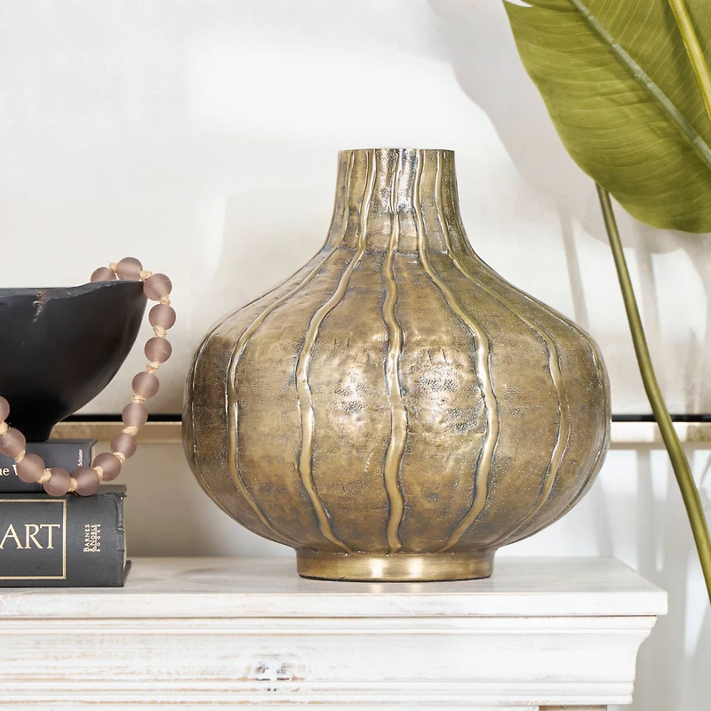 13" Brass Metal Wide Snakeskin Inspired Vase with Dimensional Wavy Accents