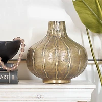 13" Brass Metal Wide Snakeskin Inspired Vase with Dimensional Wavy Accents