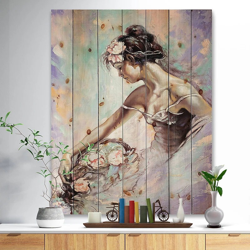 Designart - Girl with Flower Bouquet - Floral Art Print on Natural Pine Wood