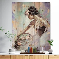 Designart - Girl with Flower Bouquet - Floral Art Print on Natural Pine Wood