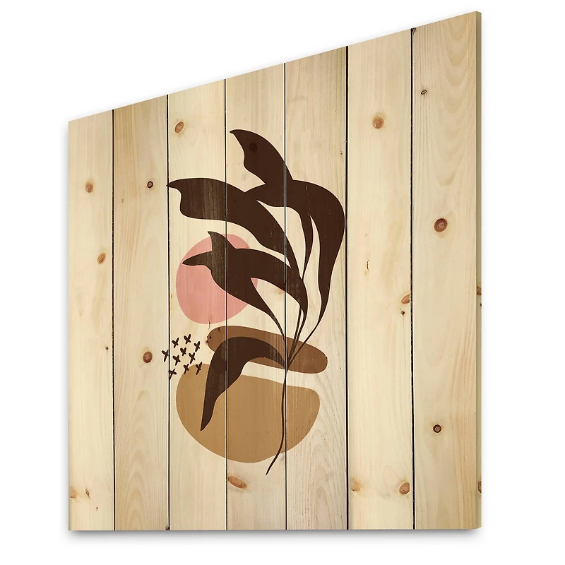 Designart - Elementary Shapes With Abstract Plants - Modern Print on Natural Pine Wood