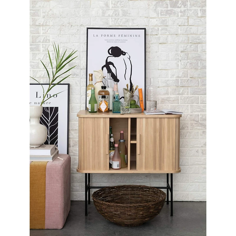 Hello Honey® 3ft. Natural Wood & Black Metal Cabinet with Sliding Doors