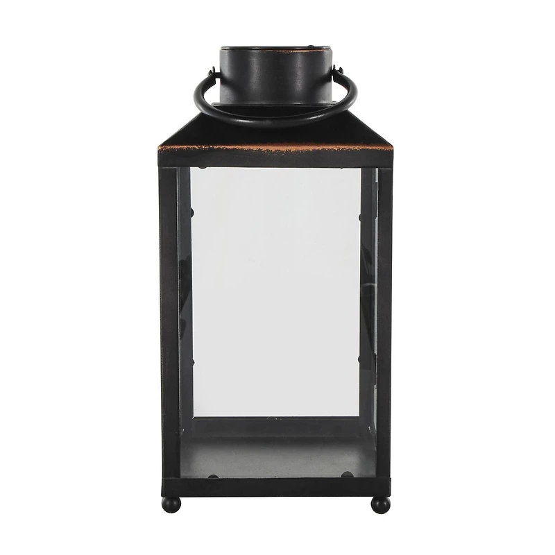 14" Black Metal Modern Candle Lantern with Gold Accents