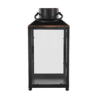 14" Black Metal Modern Candle Lantern with Gold Accents