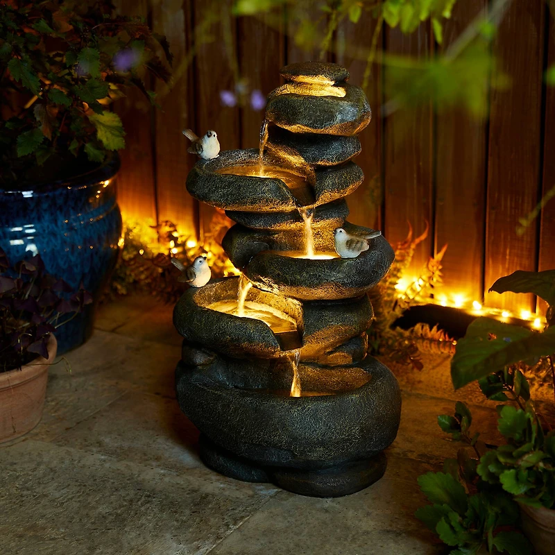 Glitzhome® 23" Natural LED 5-Tier Stacked Stone Outdoor Fountain